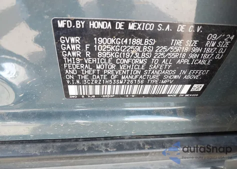 2025 Honda Hr-V 2Wd Sport z USA, uszkodzony, nr VIN 3CZRZ1H53SM726156